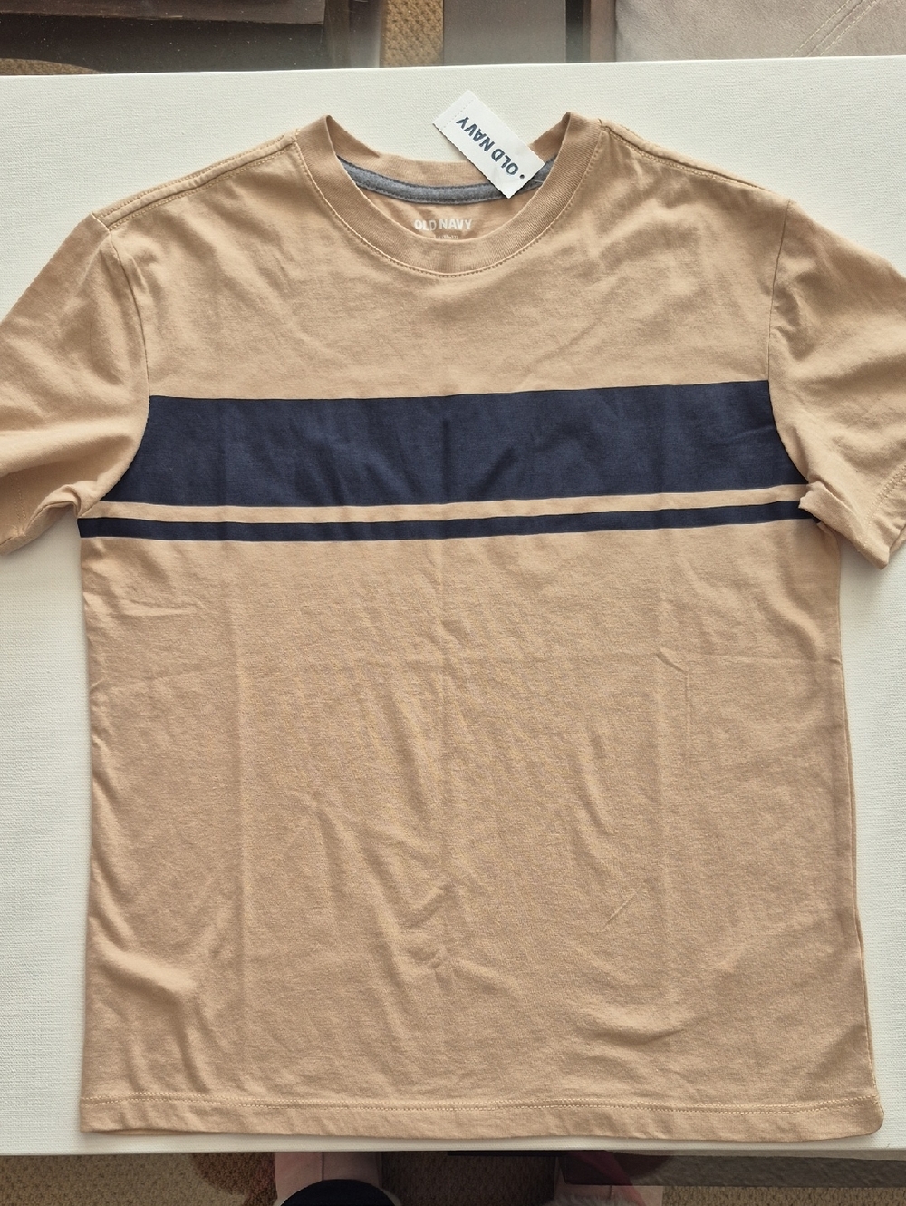 Old Navy Tan Tee with Navy Chest Stripes